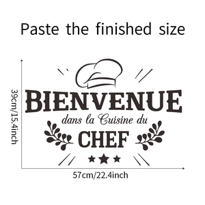 Detail showing dimensions of the chef hat wall sticker with French Bienvenue text