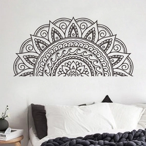 Semicircle mandala wall sticker with intricate black floral patterns for bedroom decor