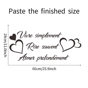 Detail of French wall sticker Vivre Rire Aimer in black PVC with precise 66x28cm dimensions