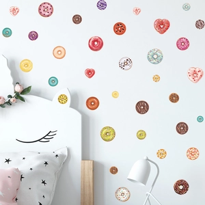Cute cartoon donut wall stickers for kids bedroom with colorful frosting and heart shapes