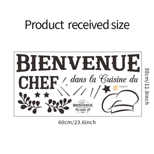 Detail view of the 30x60cm BIENVENUE CHEF kitchen wall decal with dimensions and layout