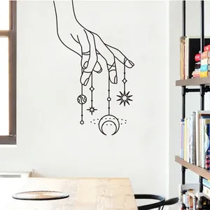 Minimalist hand line art wall sticker with moon and stars for bedroom decor