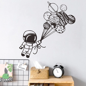 Cartoon astronaut and planets wall sticker for children room decoration in black line art
