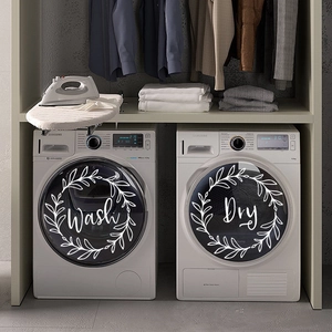Minimalist Wash and Dry vinyl wall stickers with leaf wreath design for laundry appliances