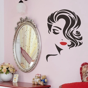 Minimalist wall sticker featuring a woman profile with flowing black hair and red lips
