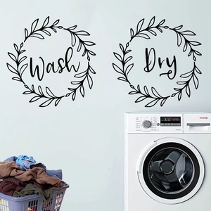 Minimalist black Wash and Dry wall decals with botanical wreaths for laundry room decor