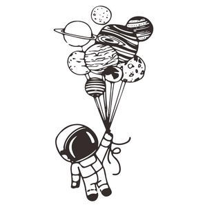 Minimalist cartoon astronaut holding planet balloons wall decal sticker for kids room