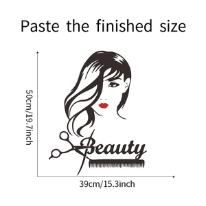 Sticker mural salon de coiffure dimensions 50x39cm avec silhouette femme et accessoires
