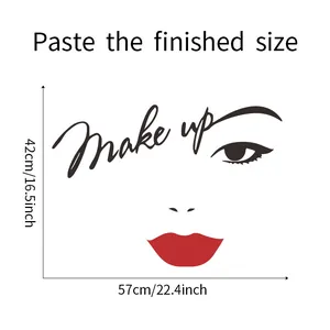 Detailed sizing chart for red lips and eye makeup wall sticker showing 57cm x 42cm dimensions