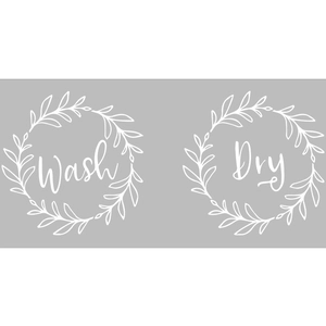 Minimalist Wash and Dry laundry room wall stickers with white leaf wreath designs