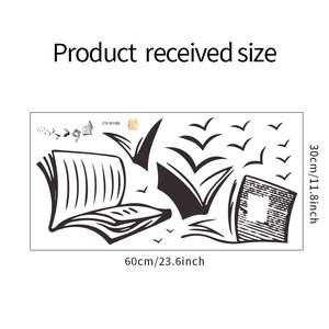 Flat lay showing product received size of book and birds wall decal, 60x30cm layout