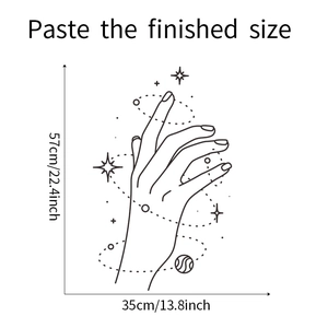 Minimalist wall decal with hand and stars art showing dimensions 35x57cm for home decor