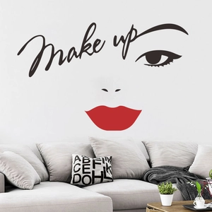 Modern Makeup Red Lips Wall Decal with Black Eyelash and Script for Bedroom Decor