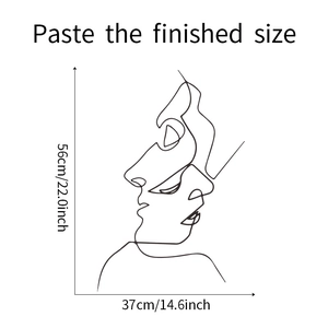 Detail of artistic wall decal showing size measurements 56cm by 37cm with line art faces