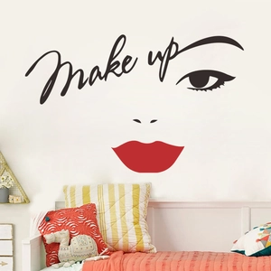 Minimalist red lips makeup wall sticker for bedroom decor showing creative female face outline