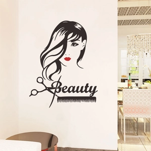 Sticker mural salon de beauté avec silhouette de femme aux lèvres rouges et ciseaux