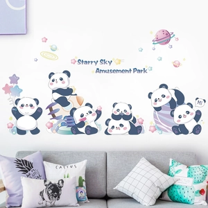 Stickers Muraux Parc d'Attractions Panda Dessin Animé Ciel Étoilé PVC Amovibles Planètes Étoiles Animaux Pour Chambre d'Enfants