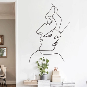 Minimalist black single line art wall sticker featuring overlapping abstract faces for home decor