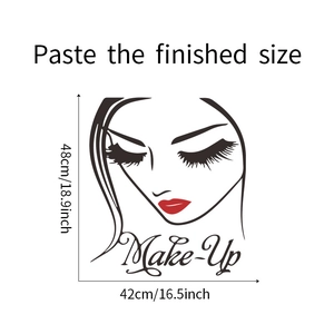 Detailed size specifications for minimalist beauty eyelash wall sticker showing dimensions