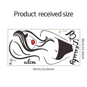 Beauty salon wall decal showing received product size 60x30cm with minimalist woman face