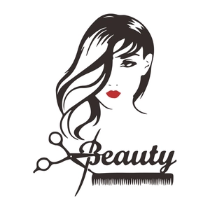 Sticker mural salon de coiffure avec silhouette de femme, ciseaux, peigne et lèvres rouges