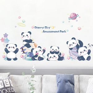 Stickers muraux pandas mignons avec étoiles et planètes pour décoration chambre d'enfant