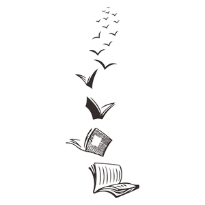 Creative wall decal featuring books transforming into flying birds in dark brown design