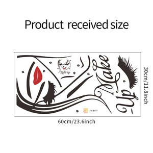 Detailed sheet of makeup wall decals featuring long eyelashes and red lips with size dimensions