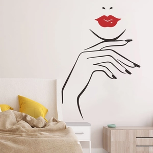 Minimalist female line art wall sticker with red lips for modern bedroom decor