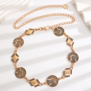 Boho style gold metal waist chain belt with geometric round pendants and tassel charms