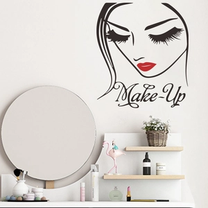 Minimalist female eyelash and red lip wall sticker with Make-Up text for modern vanity decor