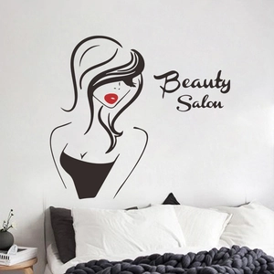 Beauty Salon wall sticker with minimalist woman silhouette and red lips for bedroom decor