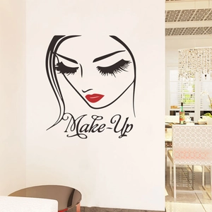 Modern beauty eyelash and red lip wall sticker with Make-Up text for home decor