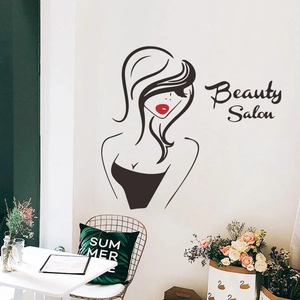 Beauty Salon wall decal with black line art female figure and red lips for modern decor