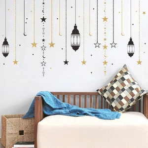 Creative Moon and Stars Hanging Wall Stickers with Arabesque Lanterns for Ramadan Decor
