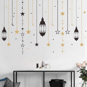 Ramadan Moon Star Lantern Wall Sticker Gold Glitter PVC Islamic Eid Mubarak DIY Home Decor Bedroom Living Room Mural