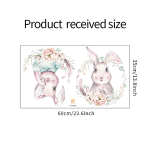 Detailed size layout of watercolor bunny and pink floral wall decals measuring 60x35cm