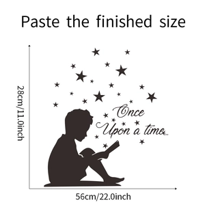 Detailed size specifications for the reading child wall decal featuring stars and text