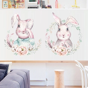 Cartoon Watercolor Rabbit Wall Sticker Flower Bunny Wall Decal PVC Removable Nursery Kids Room Decor DIY Home Wall Art