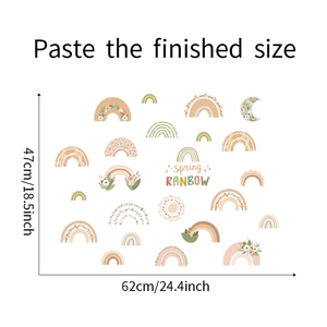 Detail view of rainbow wall decals with spring motifs and size dimensions for kids room