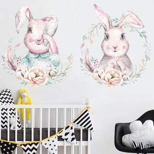 Watercolor bunny wall stickers set with cute rabbits and pink peonies for nursery decor