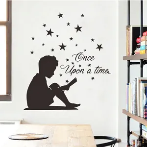Reading Boy Silhouette Wall Sticker Stars And Once Upon A Time Quote Black PVC Removable Decal For Kids Room Classroom