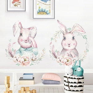 Cute cartoon bunny wall stickers with watercolor floral patterns for kids' bedroom decor