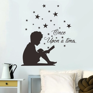 Bedroom wall sticker featuring reading boy silhouette with stars and Once Upon a Time quote