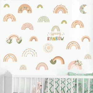 Boho rainbow wall decals in Morandi colors for nursery decor and kids bedroom set