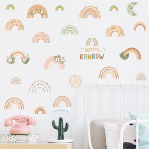 Boho rainbow and floral wall stickers in soft Morandi colors for kids bedroom decor