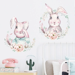 Watercolor bunny rabbit wall stickers with soft pink flowers for kids nursery bedroom decor