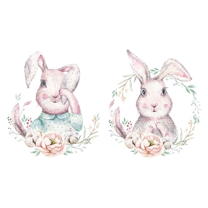 Watercolor bunny rabbit wall stickers with pink peony flowers for kids bedroom decor