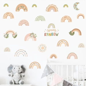 Boho rainbow wall stickers for nursery featuring Morandi colors and floral patterns