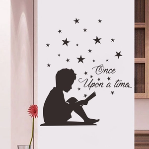 Detail of child reading silhouette wall decal with stars and Once Upon a Time text